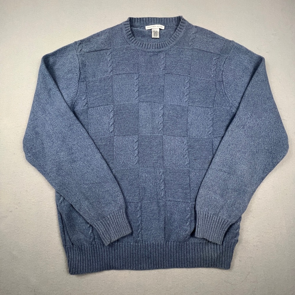 Geoffrey Beene Sweater Mens XL Blue Cable Knit Patchwork Cotton Pullover Classic